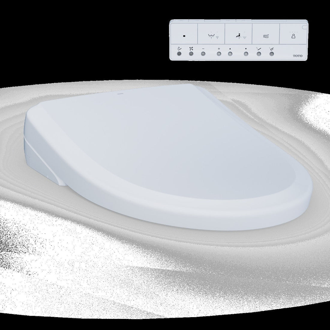 Modern electronic bidet toilet seat with slim remote control, white color