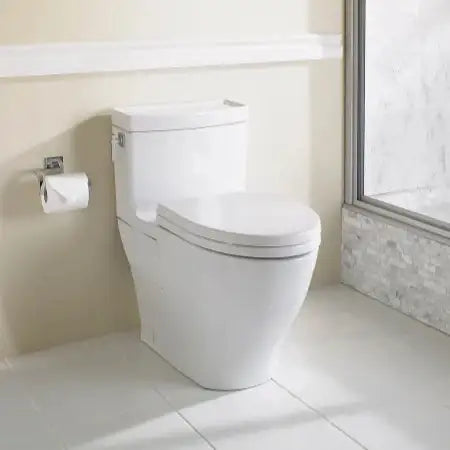 TOTO Aimes WASHLET+ One-Piece Elongated 1.28 GPF Universal Height Skirted Toilet with CEFIONTECT, Cotton White MS626124CEFG#01 - EverFlow Bidets