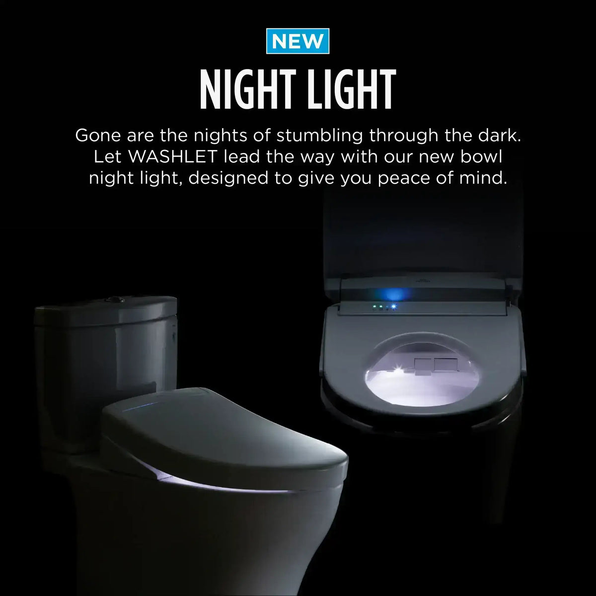 TOTO Washlet bidet seat with night light feature on a black background