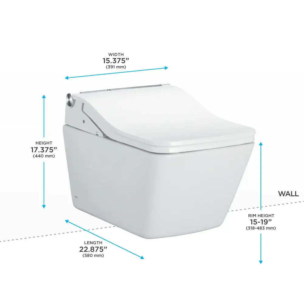 Dimension diagram of the TOTO SP wall-hung toilet with WASHLET+ seat showing measurements relative to the wall