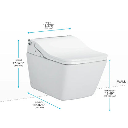 Dimension diagram of the TOTO SP wall-hung toilet with WASHLET+ seat showing measurements relative to the wall