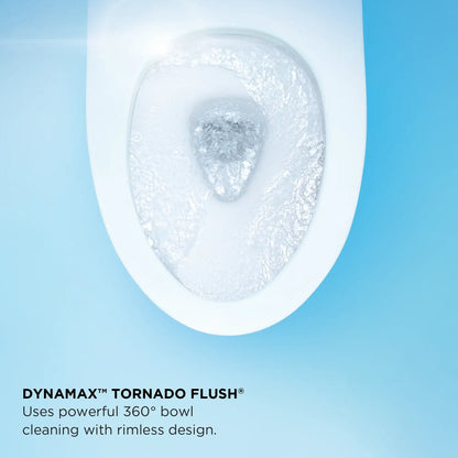 Infographic of TOTO Dynamax Tornado Flush using powerful 360-degree rimless bowl cleaning