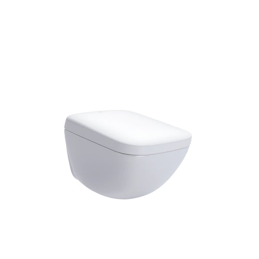 TOTO NEOREST WX2 wall-hung integrated bidet toilet in Cotton White, angled front view with lid closed