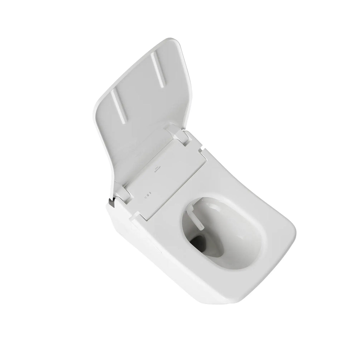 TOTO SX bidet seat with lid open, angled view showing the seat opening and wash wand