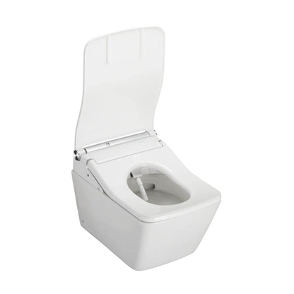 TOTO WASHLET+ SP toilet with SW bidet seat, lid open, showing the square bowl and retractable wash wand
