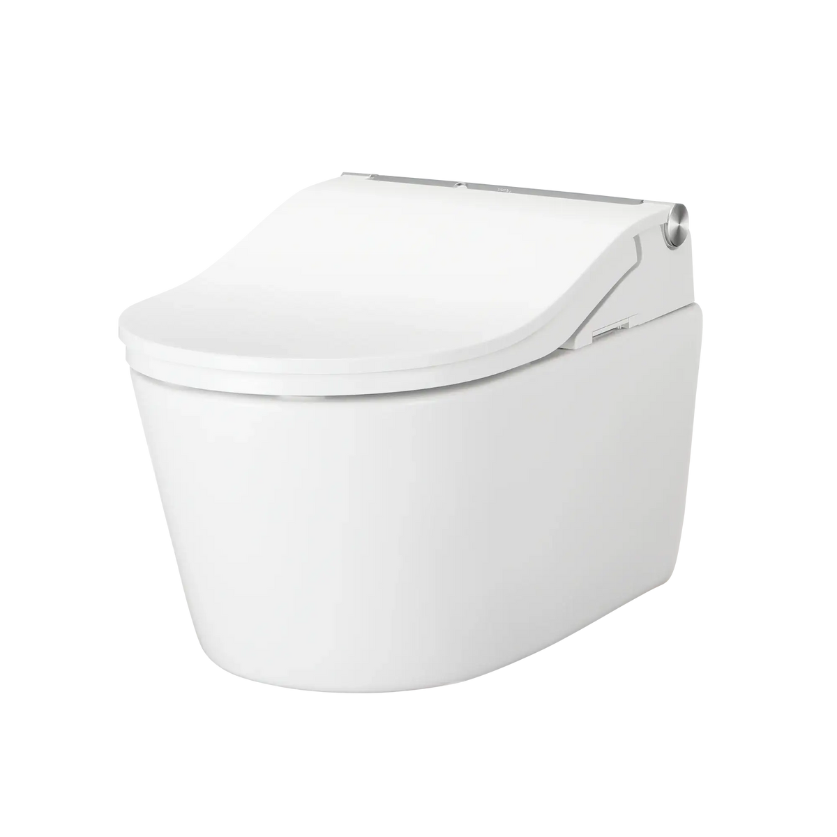 TOTO WASHLET+ RP D-shape wall-hung toilet with RW bidet seat, angled view with lid closed