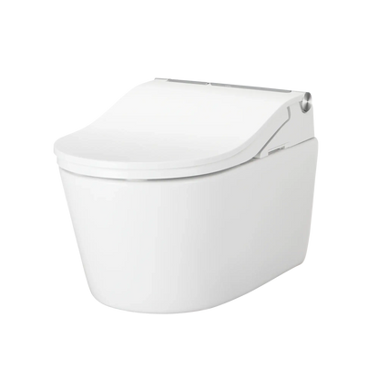 TOTO WASHLET+ RP D-shape wall-hung toilet with RW bidet seat, angled view with lid closed