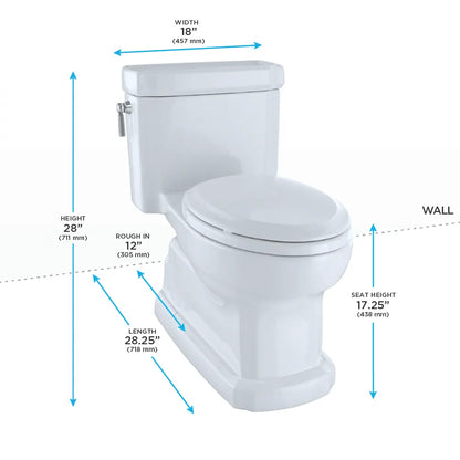 TOTO Eco Guinevere Skirted Toilet dimensions - width 18", height 28", length 28.25", seat height 17.25", rough-in 12"